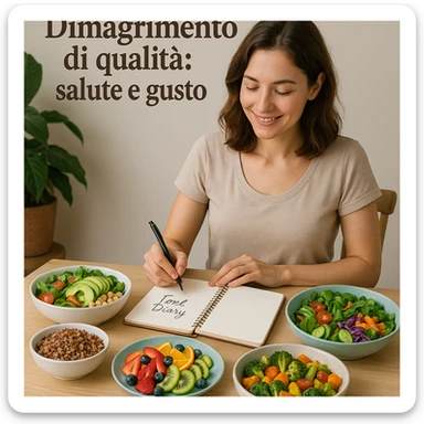 woman sitting at table with healthy and colorful dishes, smiling while consulting a food diary, atmosphere of balance and serenity, Italian text: 'Dimagrimento di qualità: salute e gusto', 4K quality sticker