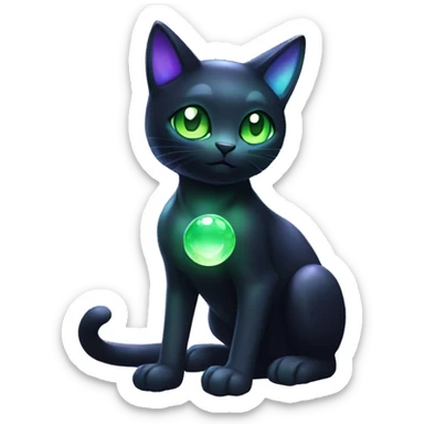Shiny, Sparkly, Black Dark-type--Psychic-Ice-type-Fakémon-Alien-Cat Blind Purple eyes, green gem, full body sticker