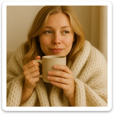 Show the blonde woman snuggled in a blanket, sipping coffee, with her eyes open, relaxed and content. Keep the cozy and serene vibe. sticker