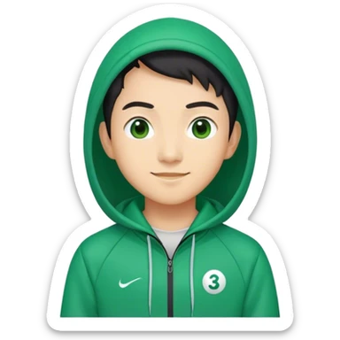 "Squid Game asian player emoji, green tracksuit with number 333, sly smile, representing manipulation, sticker