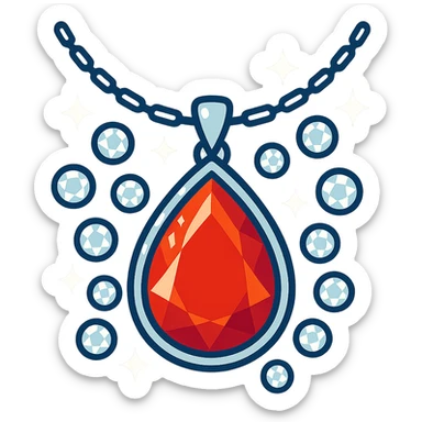 A fiery red teardrop ruby pendant suspended in a delicate silver chain, surrounded by glistening white stones sticker