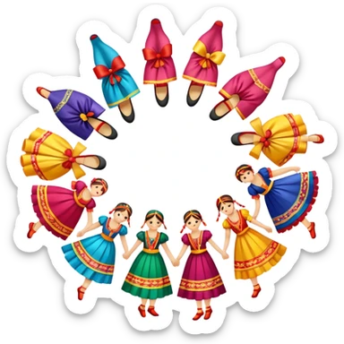 Icon for Folk Dance: close-up traditional dance dress, shoes, colorful folk costumes and a dance circle with ribbons. The icon should represent the vibrant and cultural aspects of folk dancing. Transparent background. sticker