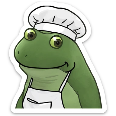 Make the baby oil bottle look like a chef with a chef hat and apron, in the green bufo frog meme style, no background. sticker