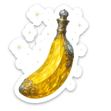 luxurious crystal elixir bottle in banana shape, banana yellow color, ornate silver and iridescent details, magical glowing and sparkling effects, very small neck, seamless bottom, bottle clearly floating in air, no base or shadow, modern, collection style, transparent background sticker