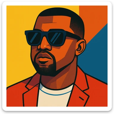 stylized portrait of Kanye West with iconic sunglasses and confident expression, modern illustration style sticker
