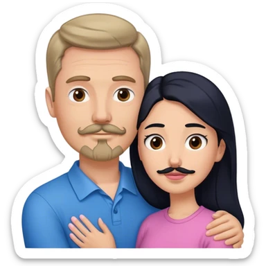 Tall white man with brown mustache goatee wearing blue hugged by a short pale woman with long black hair wearing pink sticker
