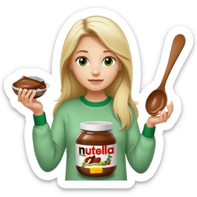 Blond woman with white and green pullover holds in one hand a big carriage of Nutella and in the other hand a oversized spoon which is inside the jar of Nutella. Her hair is long. And the Nutella jar is very big sticker