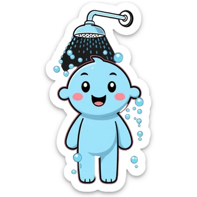 a cheerful character taking a shower with lots of bubbles sticker