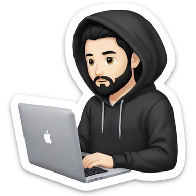 hackeur blanc cheveux noir barbe et capuche noir avec un macbook sticker