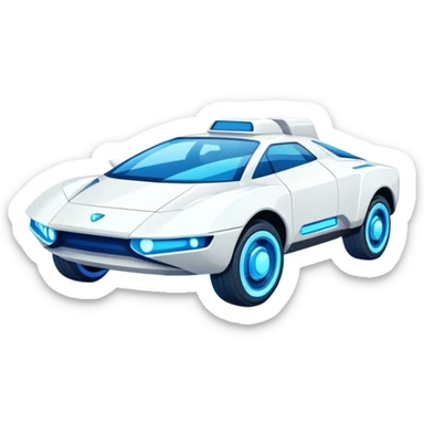 Futuristic retro hover white car with angular design and glowing blue wheels, flat vector style, minimal color palette with blue highlights sticker
