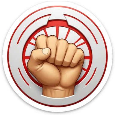 Round emblem symbolizing combat sports, featuring a clenched fist facing forward at the center. The fist is bold and strong, representing power and skill in martial arts. Surrounding the fist are dynamic lines, giving the emblem a sense of motion and energy, emphasizing the intensity of combat.  sticker