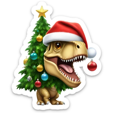 A t-Rex in a Santa hat and baubles on him like a Christmas tree sticker
