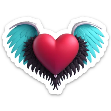 3D emoji gothic heart, dark crimson crystal, silver bat wings, feather details sticker