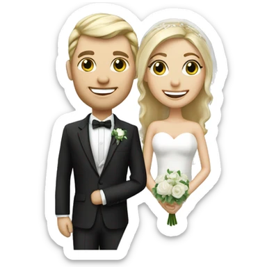 happy couple on wedding day, blond hair bride, groom silver green eyes sticker