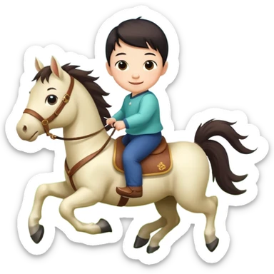l little chinese baby riding on a  cute horse running on the grass with 2026 year label sticker