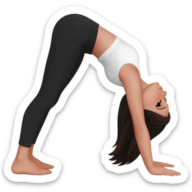 Девушка белая с правильным пропорциями тела стоит в позе собака мордой вниз, только человек, с длинными темными волосами, в коротком белом топе, в черных лосинах, с черными ресницами sticker