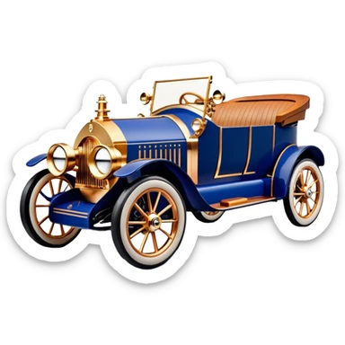 dark blue led lights C-3PO ghost buster’s 1927 delicately inlaid rose gold wood barrel accents Scrooge McDuck Model-T x Rolls Royce efficiently powered by futuristic electric motors and dynamos with wide racing wheels that are strong agile advanced suspension and steering sticker