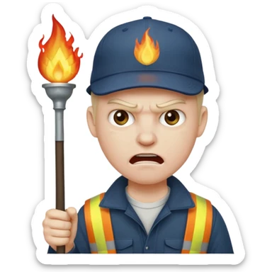 Angry man with a torch and a pitchfork and a cap that says "no blathy" sticker