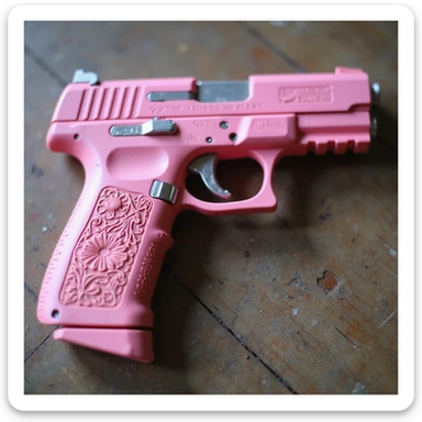 photorealistic pink pistol with custom floral engravings, no heart shapes or motifs, on a white background sticker