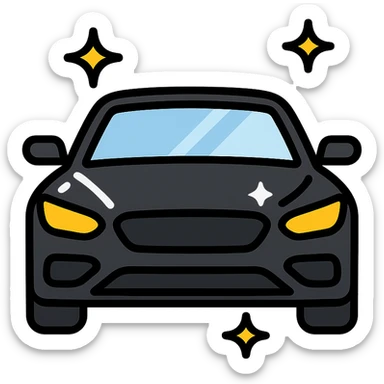 full body high-end luxury car icon, glossy black with multiple small sparkling stars and strong mirror-like reflections, impeccable perfectly clean finish, modern and clean style sticker