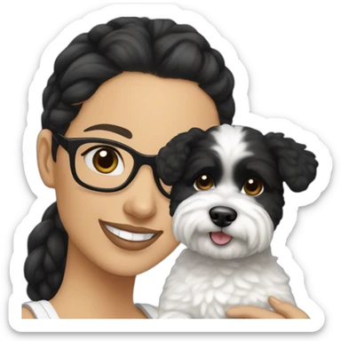 woman-black hair-bun-with glasses-with bichon dog-white-smile sticker