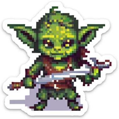 small goblin wielding a sword, pixel art style sticker