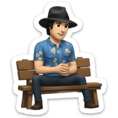White Man with black hair, strip blue flowered shirt, brown hat, setting on a bench sticker