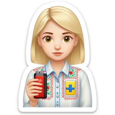 A Ukrainian girl in an embroidered shirt holds a battery sticker