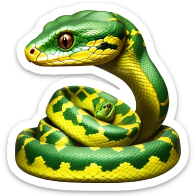 cinematic-green tree python-realistic-full-body-coiled-emoji,-thick-scaled-body-looped-tightly,-intricate-brown-and-gold-patterned-scales-reflecting-light,-head-tilted-dramatically,-slitted-eyes-staring-calmly,-simplified-yet-realistic-focused-feature sticker