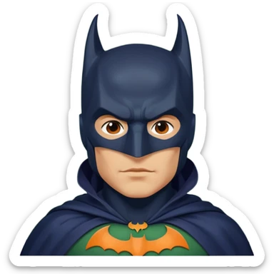generate a batman emoji with just the face and neck showing and part of the cloak and and wings. Shade the bat logo on the chest in a medium green with a slight olive touch. Shade the mask in dark navy blue. Shade the cloak in a solid vibrant orange.

 sticker