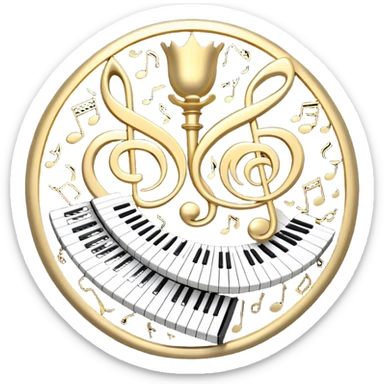 Create an elegant and festive emoji collage representing keyboard instruments, styled like a heraldic emblem. The design should feature a central focal point of black and white piano keys, arranged in a semi-circular or shield-like shape. Around the piano keys, add intertwining musical notes that form flowing ribbons, creating a dynamic and celebratory atmosphere. The design should be professional, with polished silver and gold accents on the keys and notes, highlighting the luxury and sophistication of the instruments. Add subtle shading and lighting effects to give the design a refined, 3D appearance. The background should remain transparent, and the overall feel should evoke grandeur, artistry, and a sense of celebration. sticker