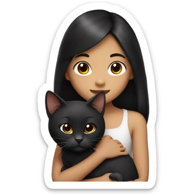young girl with black long hair, oriental appearance, holds a dark brown cat in her arms sticker