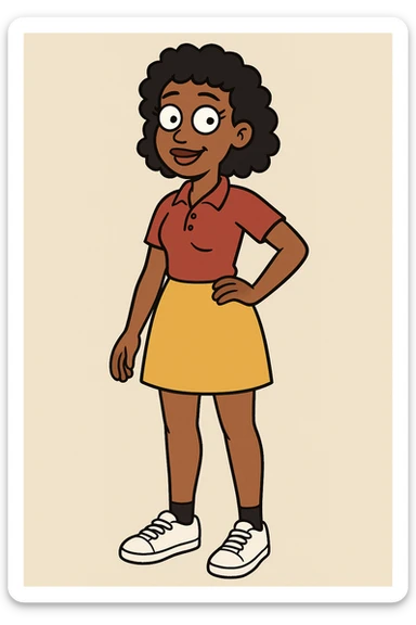 A Girl black Slightly Coiled hair brown Red Women's classic polycotton polo yellow skirt black ankle sock trainer white women's shoe sticker