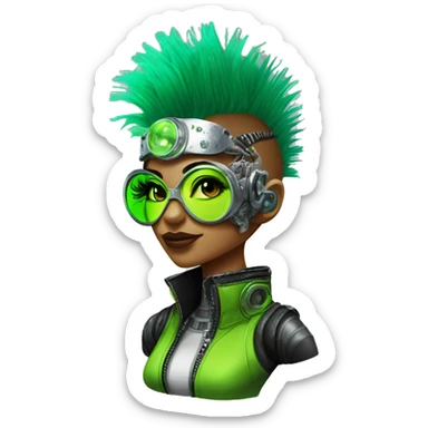 Neon green Mohawk hair Latina female cyborg head with silver steampunk goggles and circuits sticker