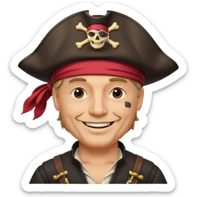 middle aged white male pirate captain wearing pirate hat and one eye patch, smiling sticker