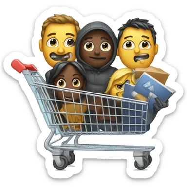 Software development team in a shopping cart resolving code bugs sticker