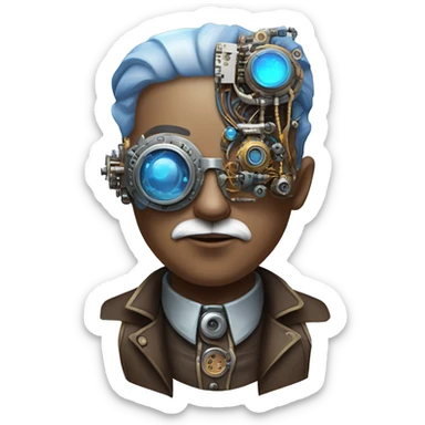 Brown shaved cyborg head with blue beard, silver steampunk monocle goggles and circuits sticker