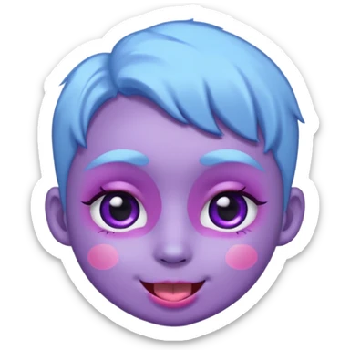 
de color azul claro brillante con manchas orgánicas en tonos morado y violeta.El rostro es expresivo y kawaii, con ojos grandes y brillantes, cejas pequeñas y una sonrisa abierta con lengua rosada. Estilo moderno, limpio y tierno, ideal como emoji, sticker o mascota digital.
 sticker
