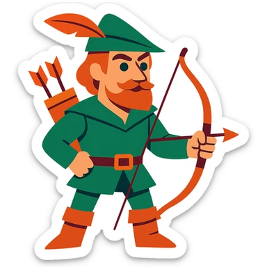 Robin Hood, classic English folk hero, wearing a green tunic and feathered cap, holding a bow, vibrant cartoon style sticker