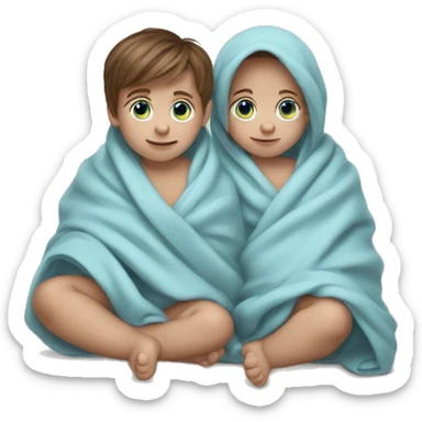 Twin baby boys brown hair blue eyes wrapped in a blanket  sticker