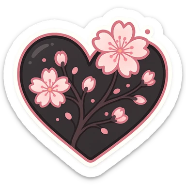 goth sakura heart, black heart with sakura branch and blossoms, extra pink highlights, playful and sweet sticker