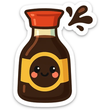 japanese soy sauce bottle, stylized, cartoon, cute, with a small splash sticker