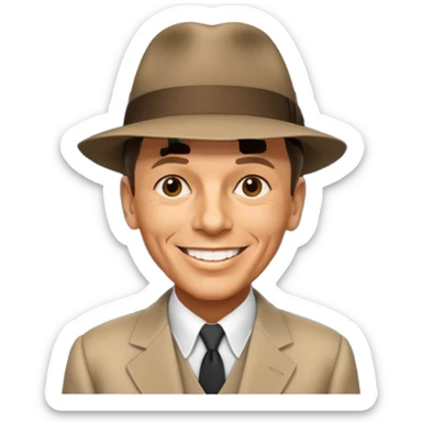 Frank Sinatra with the hat on, smiling and showing data analytics on a screen in the background sticker