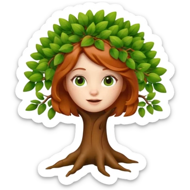 Style memoji iphone. Un petit sapin vert sylvestre, féminin, regard malicieux, tâches de rousseurs délicates, joues roses. Yeux de biche brillants en forme amande, yeux couleur ambre, tronc couleur acajou. Sapin en mouvement, incurvé pour un effet vivant. sticker