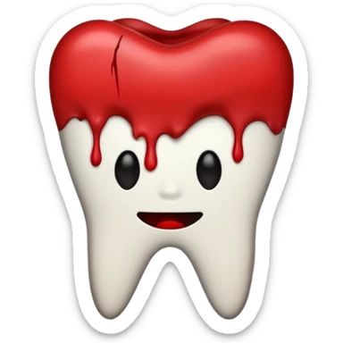 Minimalist emoji-style sticker of a pulled tooth with roots and a smear of blood at the base. Black and desaturated red colors. Flat, clean outline on white.
 sticker