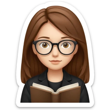 A girl with long brown hair and small reading glasses and black jacket  sticker