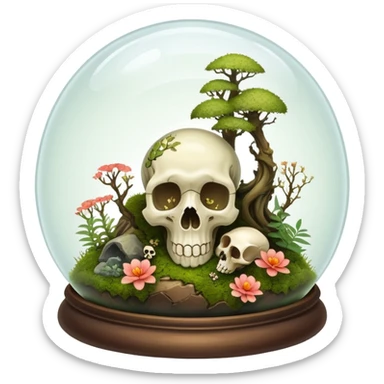 Mystical woodland glass-dome-terrarium-globe with moss inside, with and an animal-cadaver-creature-skull inside, and flowers inside  sticker