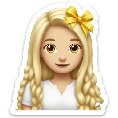 cute white girl, with yellow bow in her hair, long straight hair, hugging a Teddy bear sticker