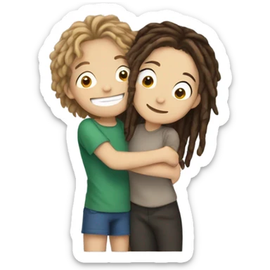 smiling boy with dreadlocks hugging a white girl with brunette hair and big eyes sticker