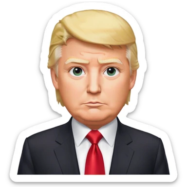 a detailed portrait of donald trump, focusing on his upper half. he has a distinctive hairstyle with combed-back blonde hair, a confident expression, and sharp features. wearing a dark suit, white shirt, and red tie, the image is set against a neutral background with soft, professional lighting sticker